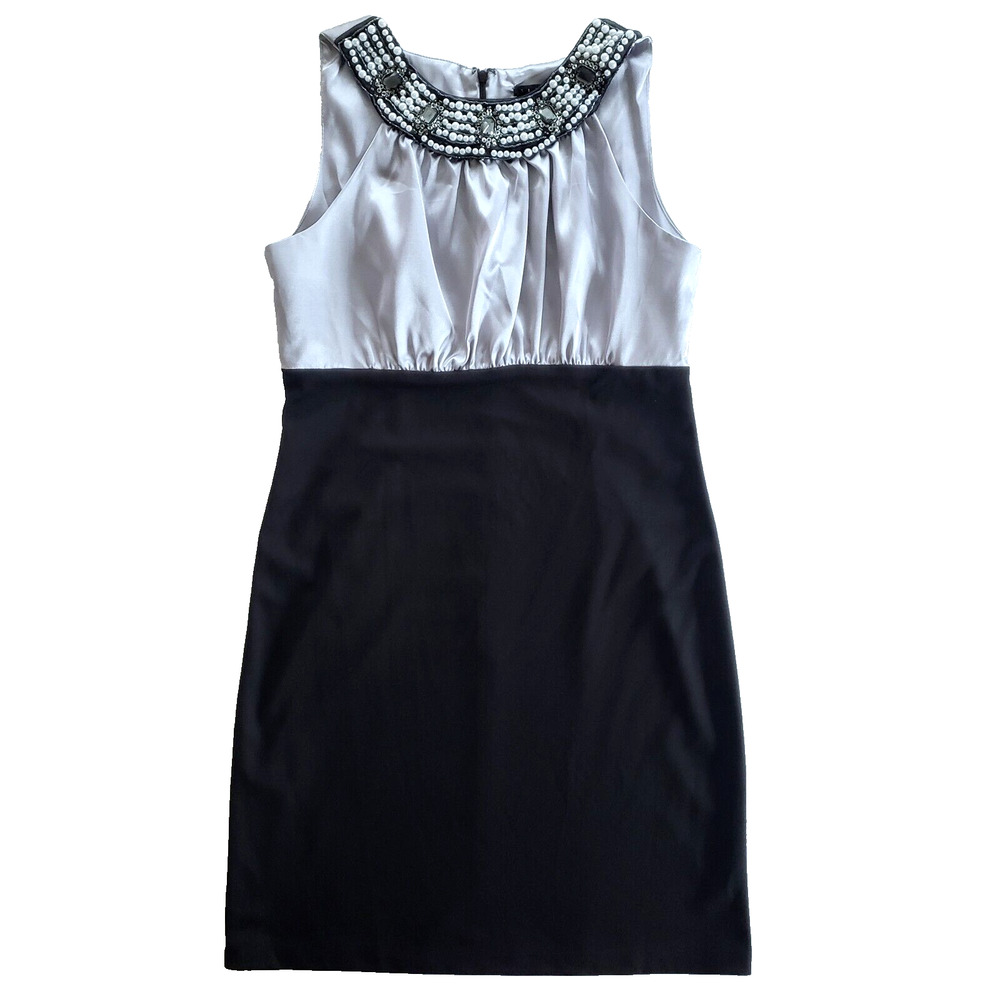 Tiana B Dress Women 8 Black Silver Midi Embellished Neckline Cocktail Party Glam
